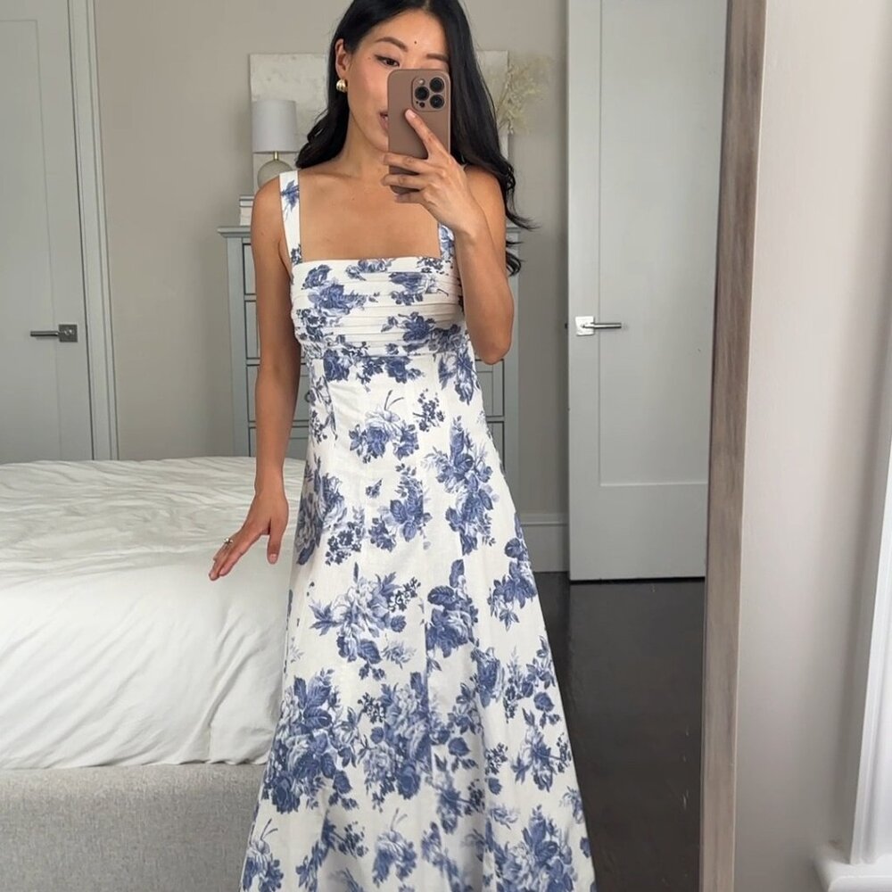 Abercrombie & Fitch Emerson Linen Fit and Flare Floral Blue and White Dress - Picture 9 of 9